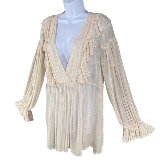 Anthropologie Maeve Wynn Metallic Striped Womens 8 Flowy Tunic Top Boho Peasant - Picture 11 of 16